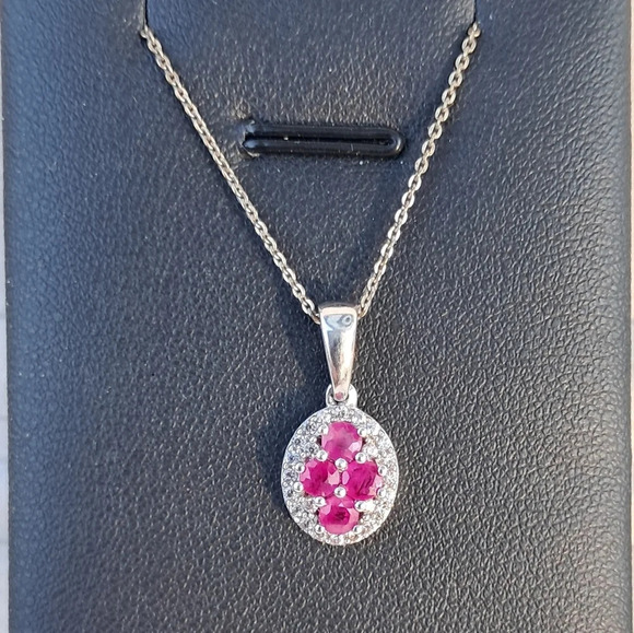 Natural Ruby & Natural White Zircon Style Necklace In 925 Sterling Silver - Picture 3 of 11